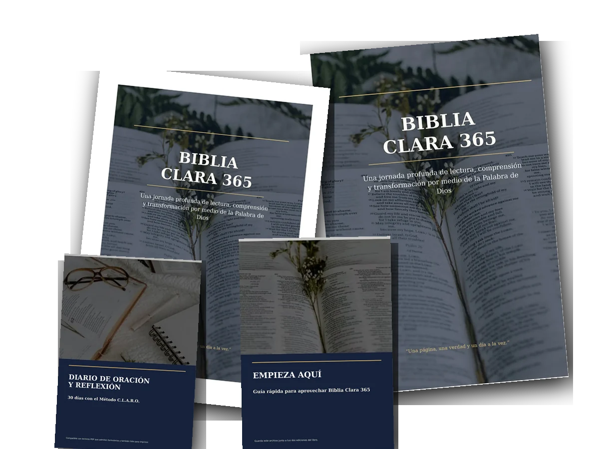 Mockup de Biblia Clara 365 con las dos ediciones y materiales